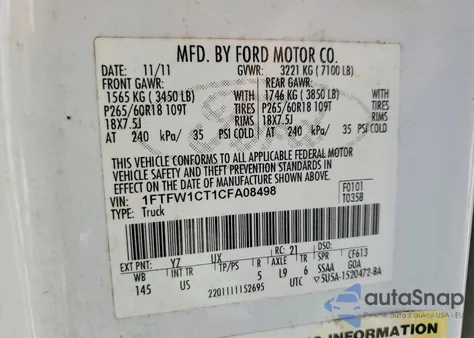 2012 Ford F150 Supercrew z USA, uszkodzony, nr VIN 1FTFW1CT1CFA08498